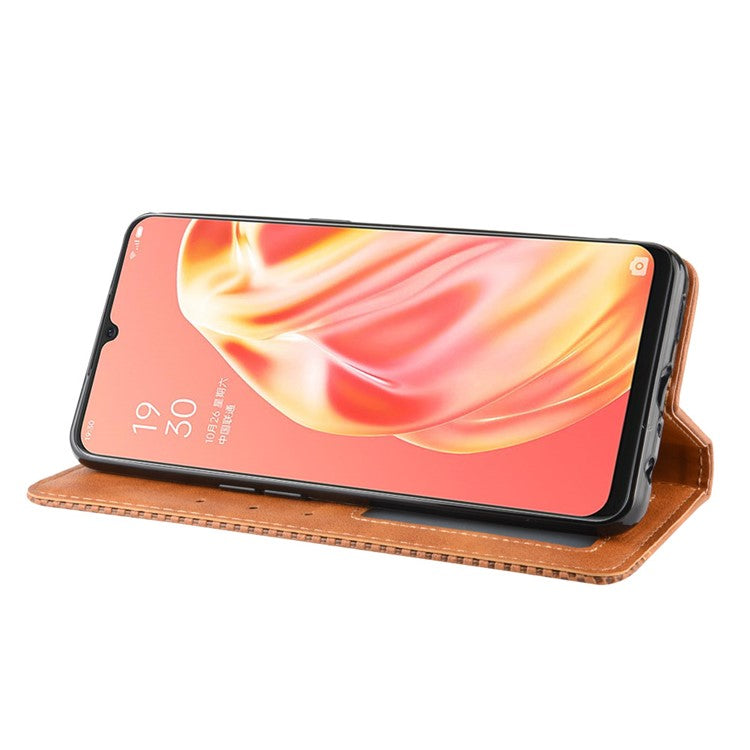 Vintage Style Magnetic Leather Wallet Phone Cover for OPPO A91/F15 - Brown