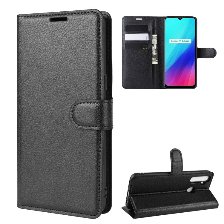 Litchi Skin Wallet Leather Stand Case for Realme 5 / C3 (3 cameras) - Black