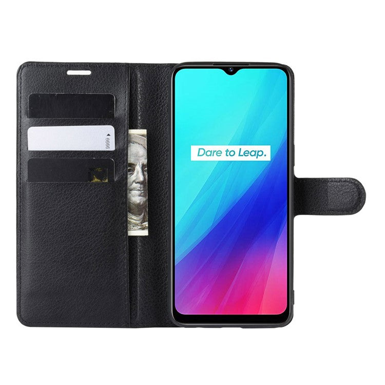 Litchi Skin Wallet Leather Stand Case for Realme 5 / C3 (3 cameras) - Black