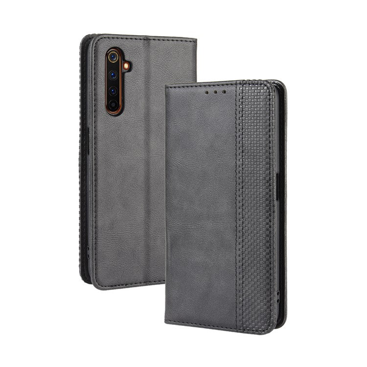 For Realme 6 Pro Vintage Leather Auto-absorbed Protection Case with Wallet Stand - Black