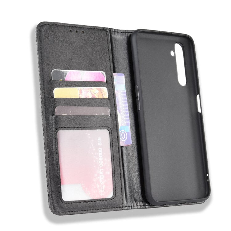 For Realme 6 Pro Vintage Leather Auto-absorbed Protection Case with Wallet Stand - Black