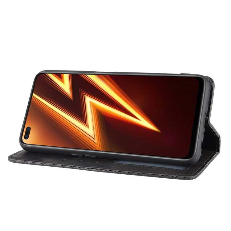 For Realme 6 Pro Vintage Leather Auto-absorbed Protection Case with Wallet Stand - Black