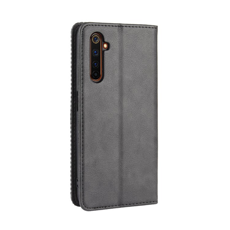 For Realme 6 Pro Vintage Leather Auto-absorbed Protection Case with Wallet Stand - Black