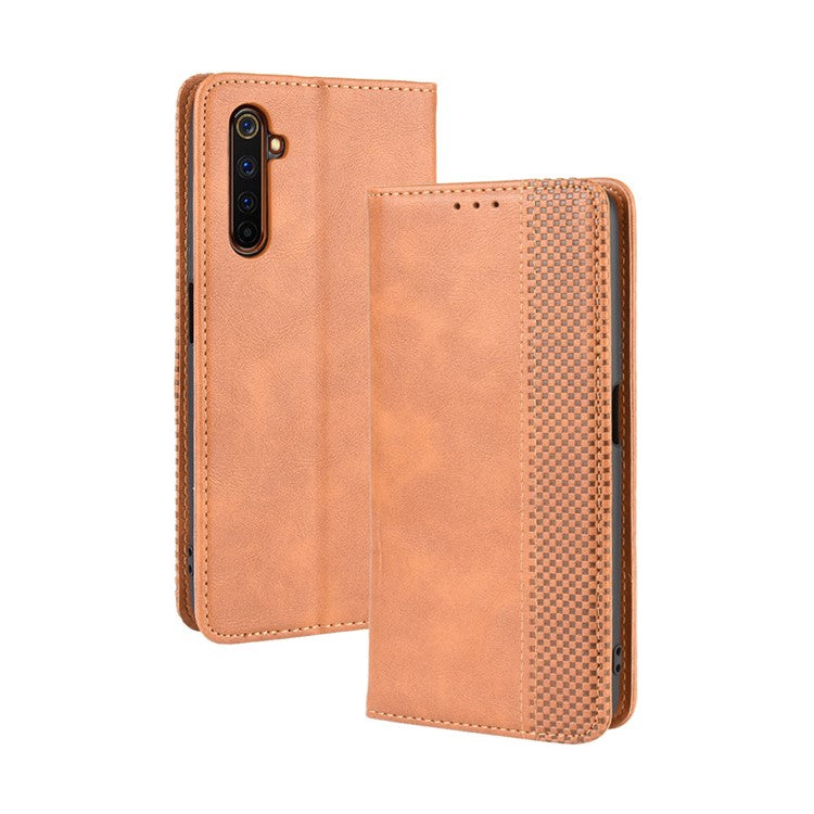 For Realme 6 Pro Vintage Leather Auto-absorbed Protection Case with Wallet Stand - Brown