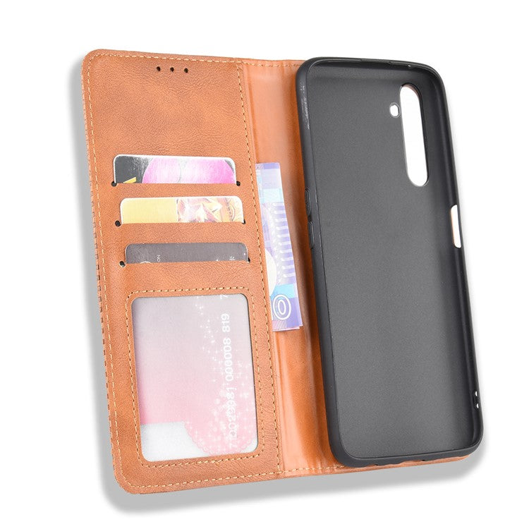 For Realme 6 Pro Vintage Leather Auto-absorbed Protection Case with Wallet Stand - Brown