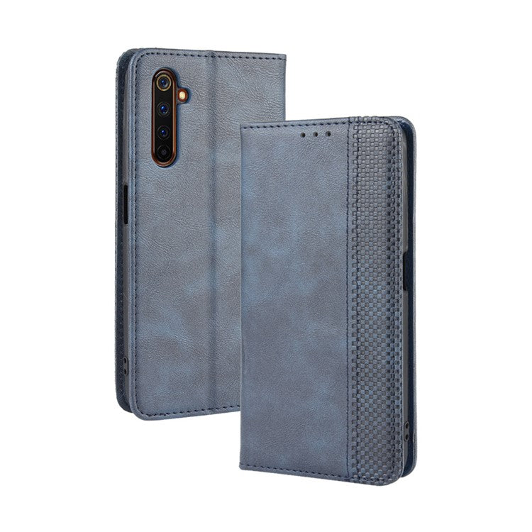 For Realme 6 Pro Vintage Leather Auto-absorbed Protection Case with Wallet Stand - Blue