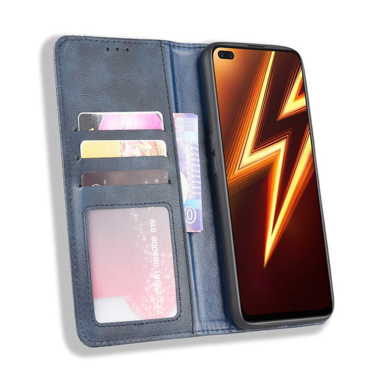 For Realme 6 Pro Vintage Leather Auto-absorbed Protection Case with Wallet Stand - Blue