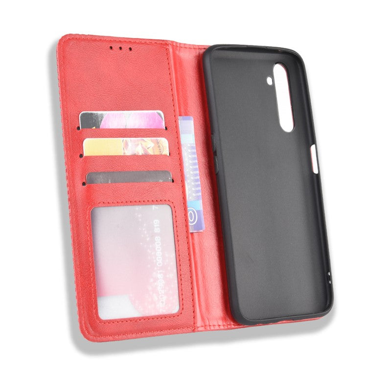 For Realme 6 Pro Vintage Leather Auto-absorbed Protection Case with Wallet Stand - Red