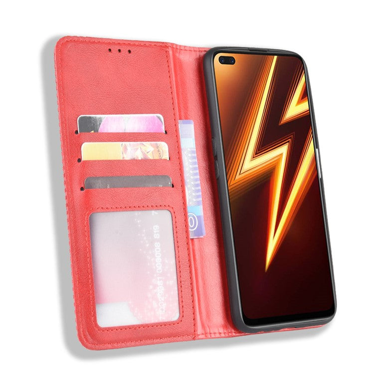For Realme 6 Pro Vintage Leather Auto-absorbed Protection Case with Wallet Stand - Red