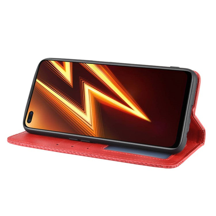 For Realme 6 Pro Vintage Leather Auto-absorbed Protection Case with Wallet Stand - Red
