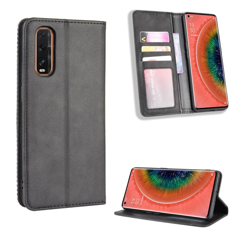 Vintage Style Leather Wallet Stand Cover Case for Oppo Find X2 - Black