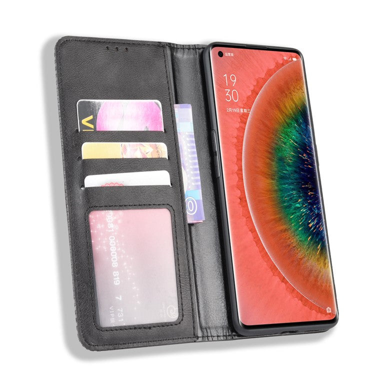 Vintage Style Leather Wallet Stand Cover Case for Oppo Find X2 - Black