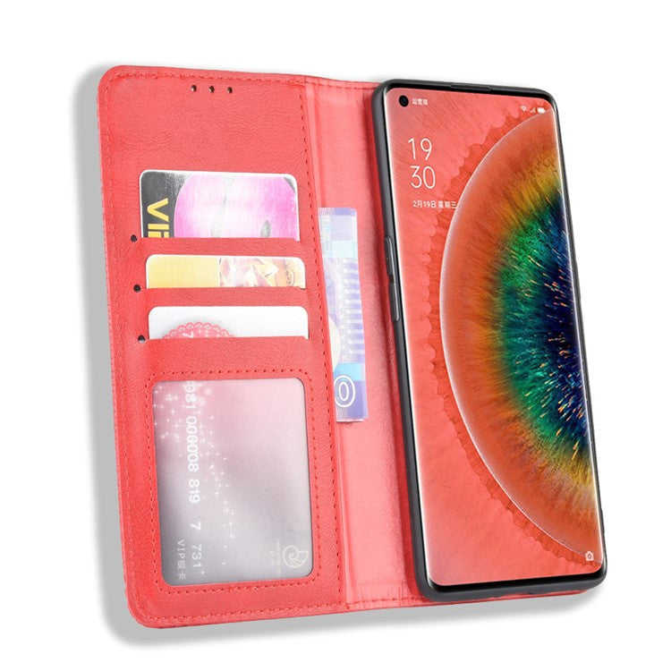 Vintage Style Leather Wallet Stand Cover Case for Oppo Find X2 - Red