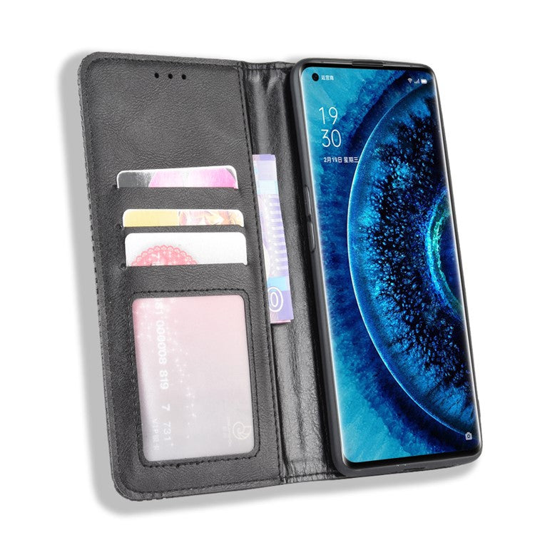 Vintage Style Leather Wallet Case for Oppo Find X2 Pro - Black