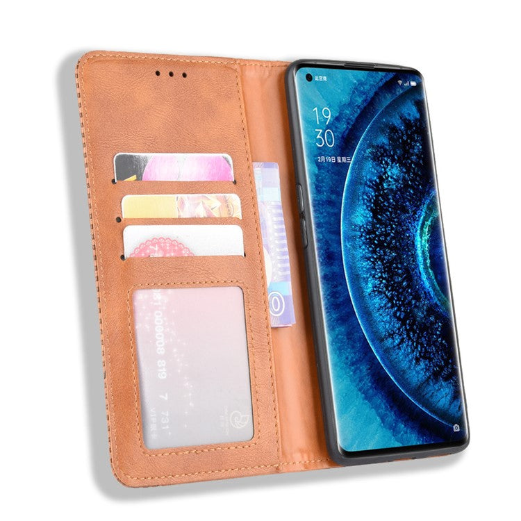 Vintage Style Leather Wallet Case for Oppo Find X2 Pro - Brown