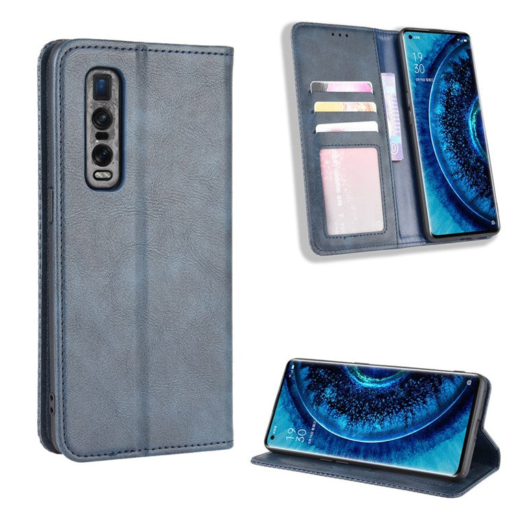 Vintage Style Leather Wallet Case for Oppo Find X2 Pro - Blue