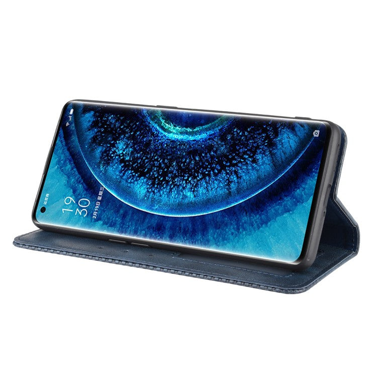 Vintage Style Leather Wallet Case for Oppo Find X2 Pro - Blue