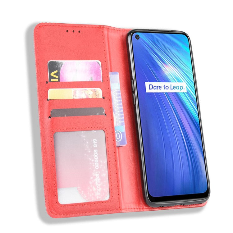 Magnetic Retro Leather with Wallet Shell for Realme 6 - Red