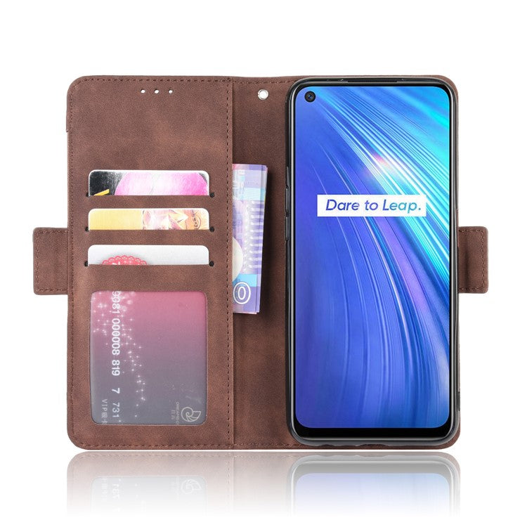 Multiple Card Slots Leather with Wallet Stand Shell for Realme 6 - Brown