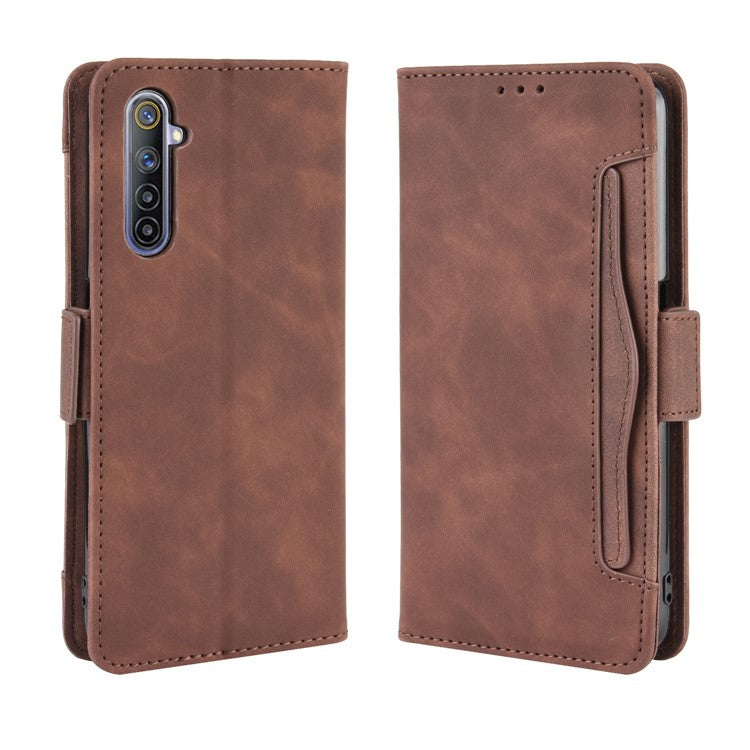 Multiple Card Slots Leather with Wallet Stand Shell for Realme 6 - Brown