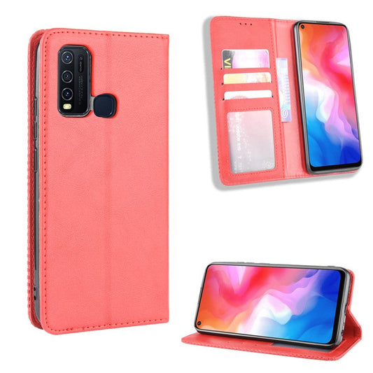 Vintage Style Wallet Leather Stand Case Protective Shell for vivo Y50/Y30 - Red