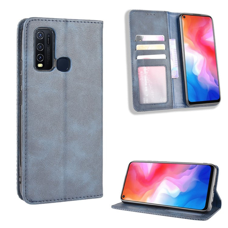 Vintage Style Wallet Leather Stand Case Protective Shell for vivo Y50/Y30 - Blue