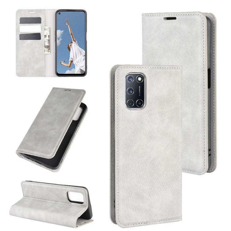 Silky Touch Stylish Auto-absorbed Flip Leather Wallet Stand Case for Oppo A52/A92/A72 - Grey