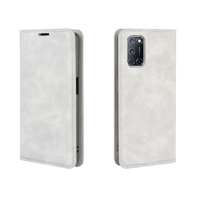 Silky Touch Stylish Auto-absorbed Flip Leather Wallet Stand Case for Oppo A52/A92/A72 - Grey
