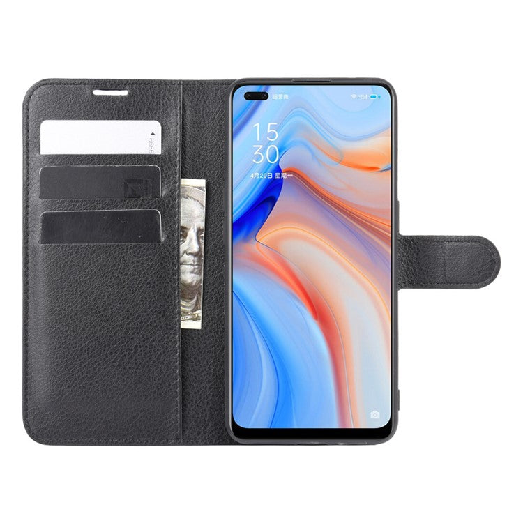 Litchi Texture Wallet Stand Leather Shell Cell Phone Cover for Oppo Reno4 5G - Black
