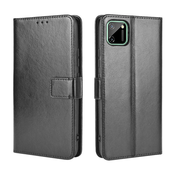Crazy Horse Leather Wallet Stand Case for Realme C11 - Black