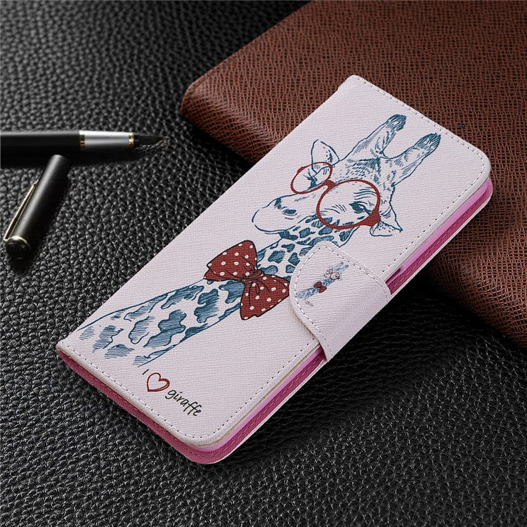 Pattern Printing Leather Wallet Case for OPPO A72/A52/A92 - Adorable Giraffe Wearing Glasses