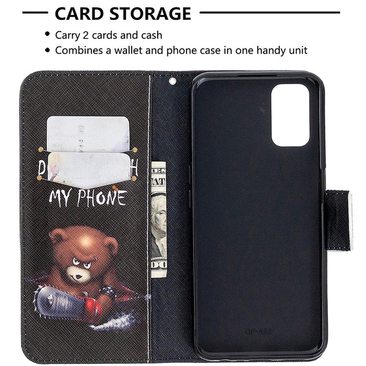 Pattern Printing Leather Wallet Case for OPPO A72/A52/A92 - Brown Bear and Warning Words
