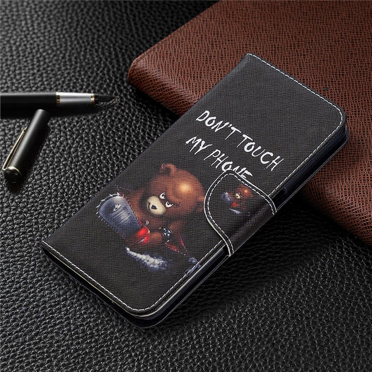Pattern Printing Leather Wallet Case for OPPO A72/A52/A92 - Brown Bear and Warning Words