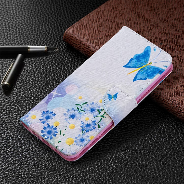 Pattern Printing Leather Wallet Shell Case for OPPO A31 (2020)/A81 - Blue Butterfly and Flowers