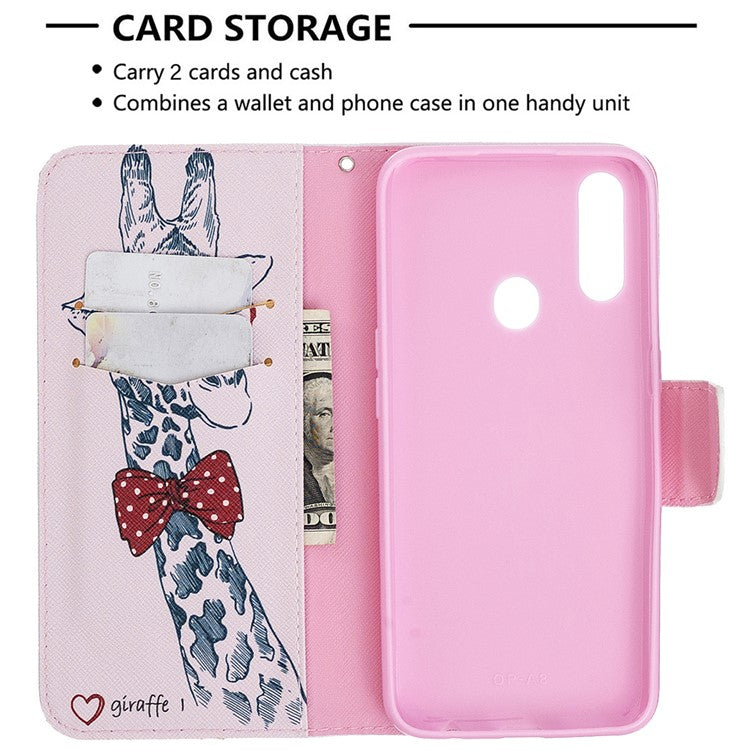 Pattern Printing Leather Wallet Shell Case for OPPO A31 (2020)/A81 - Adorable Giraffe Wearing Glasses