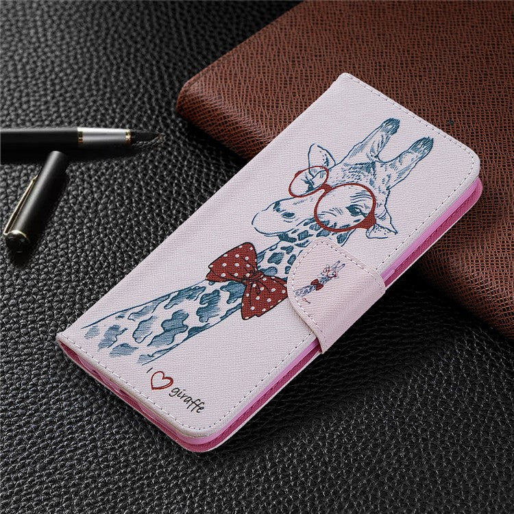 Pattern Printing Leather Wallet Shell Case for OPPO A31 (2020)/A81 - Adorable Giraffe Wearing Glasses