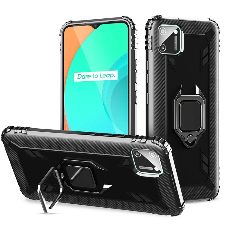 Finger Ring Kickstand Drop-proof TPU Protective Phone Cover for Realme C11 - Black