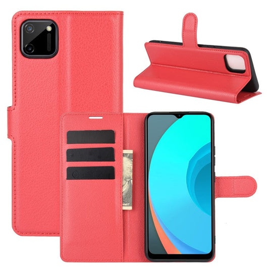 Litchi Texture Wallet Stand Leather Protective Cover for Realme C11 - Red