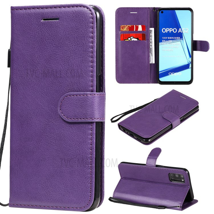 KT Leather Series-2 Solid Color Wallet Stand Leather Shell with Strap for OPPO A52/A72/A92 - Purple