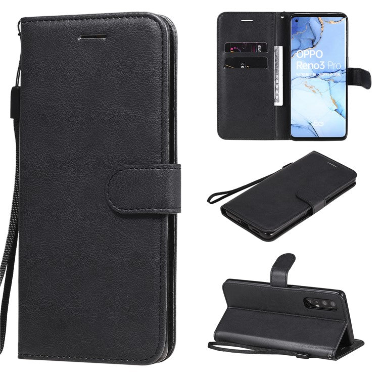 KT Leather Series-2 Solid ColorWallet Stand Leather Shell with Strap for Oppo Reno3 Pro 5G / Find X2 Neo (Overseas Version) - Black