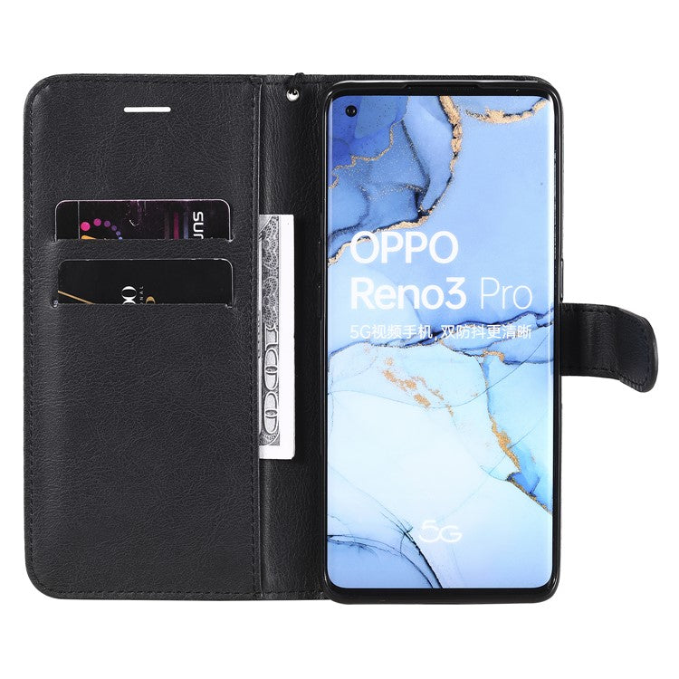 KT Leather Series-2 Solid ColorWallet Stand Leather Shell with Strap for Oppo Reno3 Pro 5G / Find X2 Neo (Overseas Version) - Black