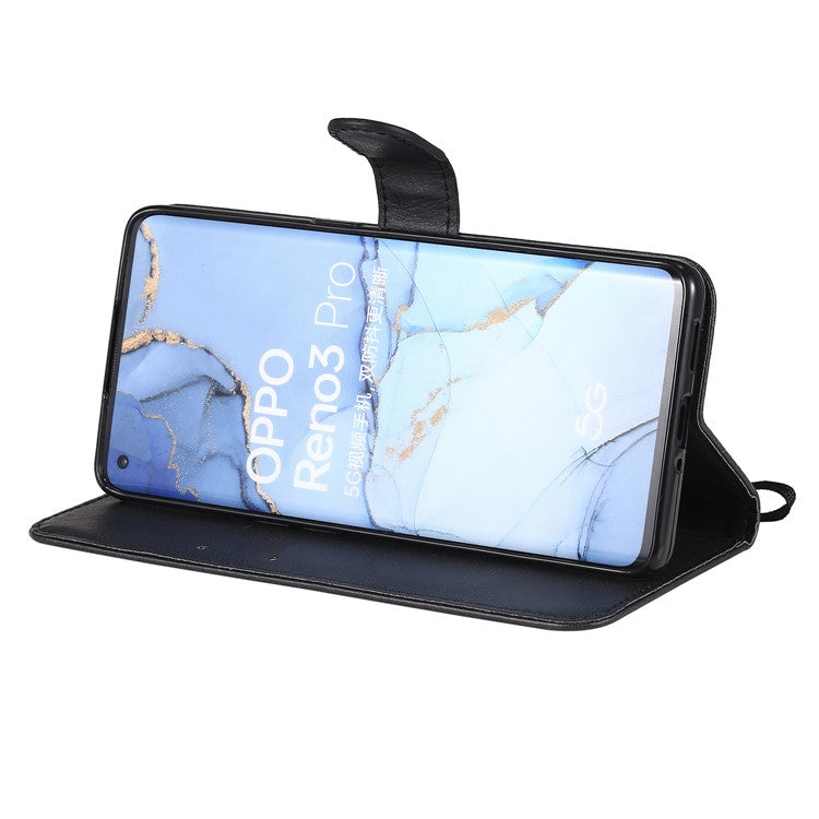 KT Leather Series-2 Solid ColorWallet Stand Leather Shell with Strap for Oppo Reno3 Pro 5G / Find X2 Neo (Overseas Version) - Black