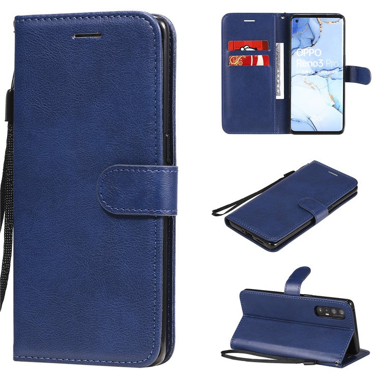 KT Leather Series-2 Solid ColorWallet Stand Leather Shell with Strap for Oppo Reno3 Pro 5G / Find X2 Neo (Overseas Version) - Blue