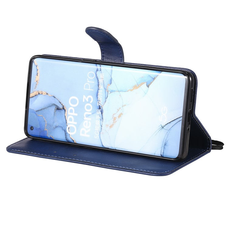 KT Leather Series-2 Solid ColorWallet Stand Leather Shell with Strap for Oppo Reno3 Pro 5G / Find X2 Neo (Overseas Version) - Blue