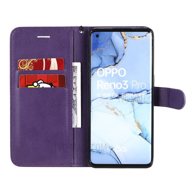 KT Leather Series-2 Solid ColorWallet Stand Leather Shell with Strap for Oppo Reno3 Pro 5G / Find X2 Neo (Overseas Version) - Purple