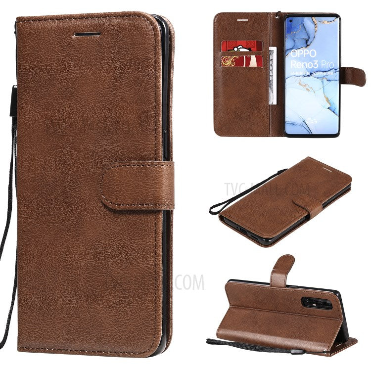 KT Leather Series-2 Solid ColorWallet Stand Leather Shell with Strap for Oppo Reno3 Pro 5G / Find X2 Neo (Overseas Version) - Brown