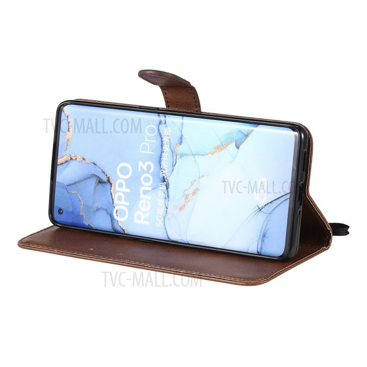 KT Leather Series-2 Solid ColorWallet Stand Leather Shell with Strap for Oppo Reno3 Pro 5G / Find X2 Neo (Overseas Version) - Brown