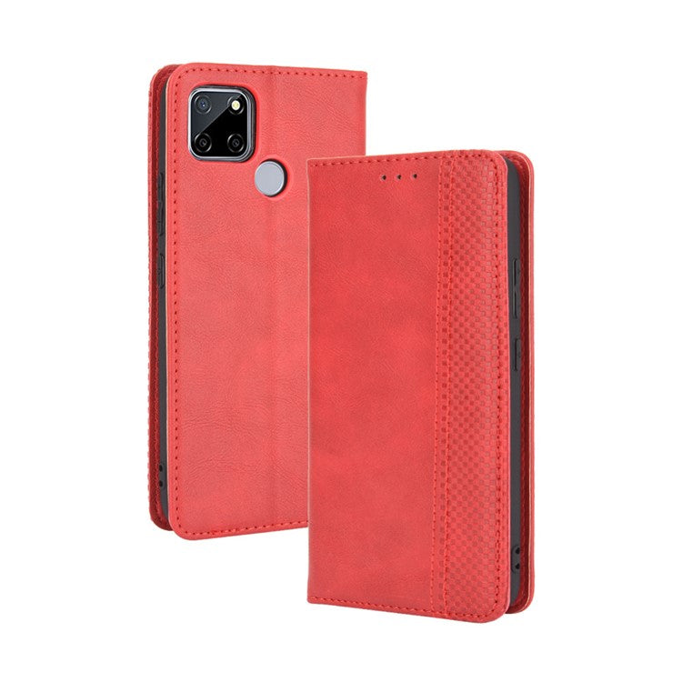 Vintage Style Wallet Stand Leather Phone Cover for Realme C12 - Red