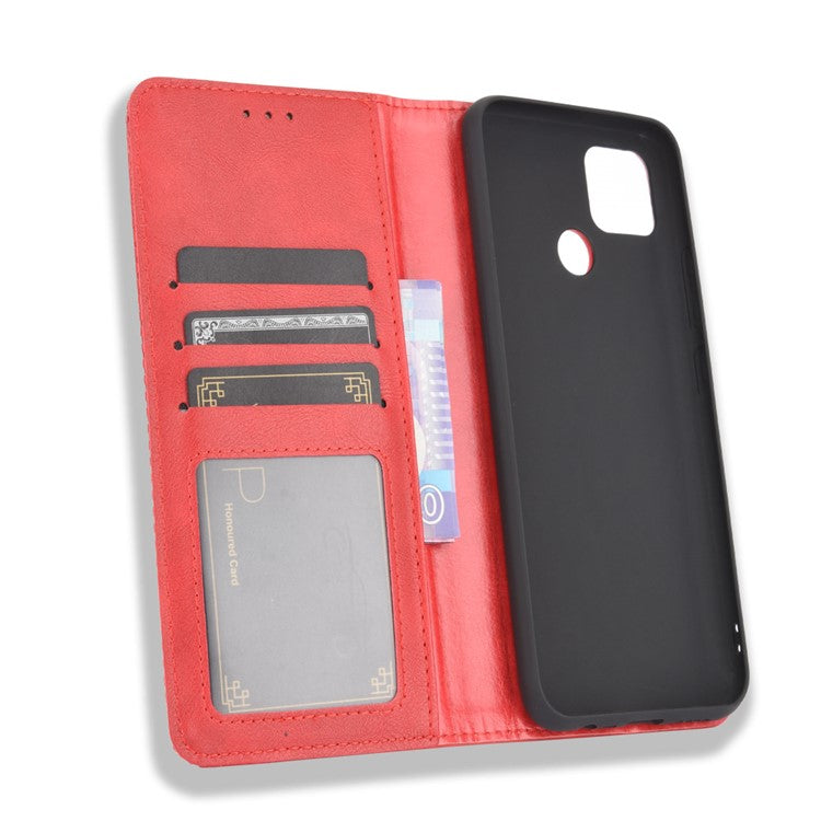 Vintage Style Wallet Stand Leather Phone Cover for Realme C12 - Red