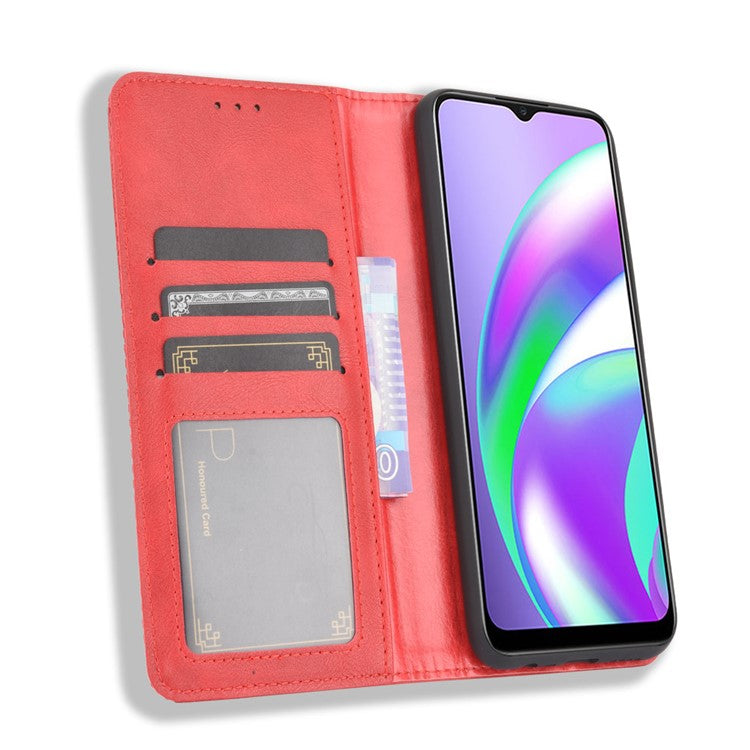 Vintage Style Wallet Stand Leather Phone Cover for Realme C12 - Red